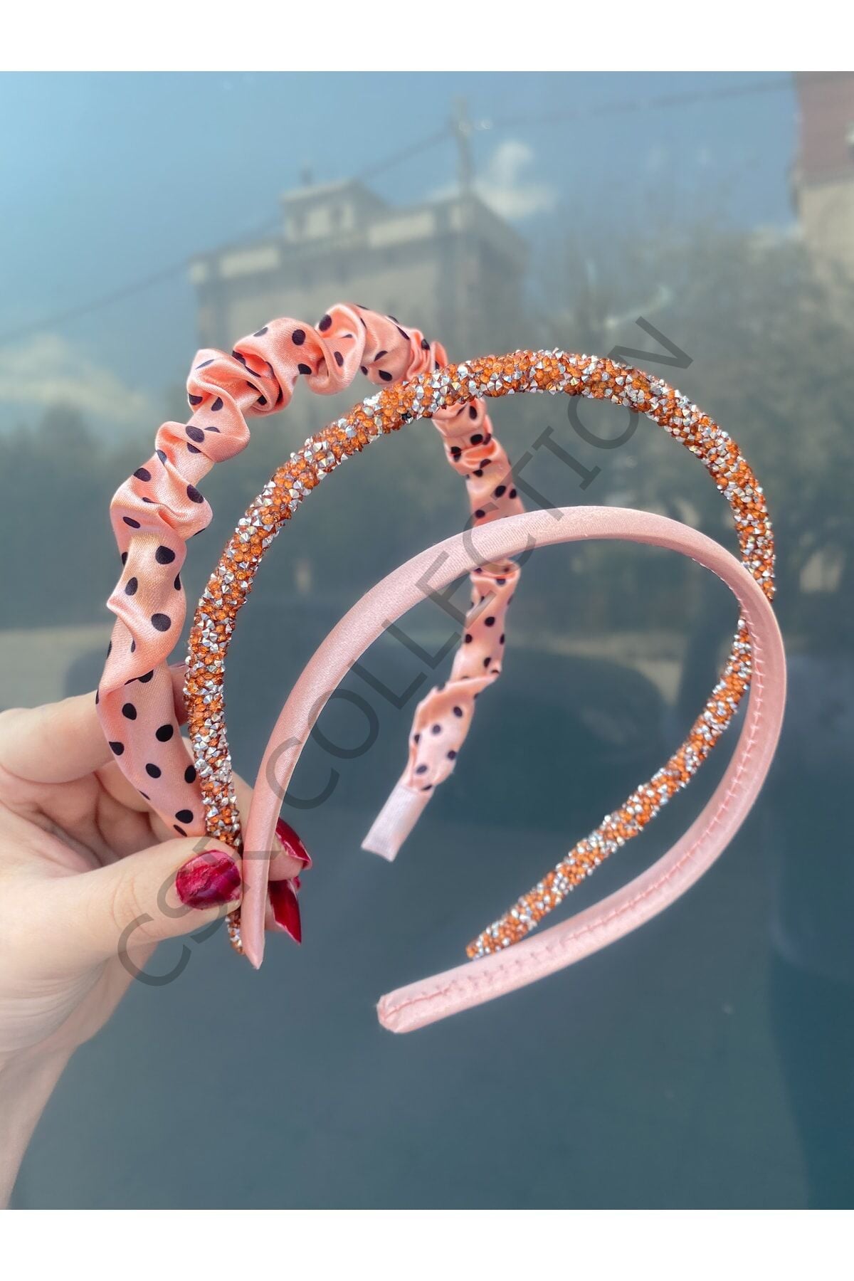 Saten Incili Taşlı Taç Seti soft pembe - Tek Ebat