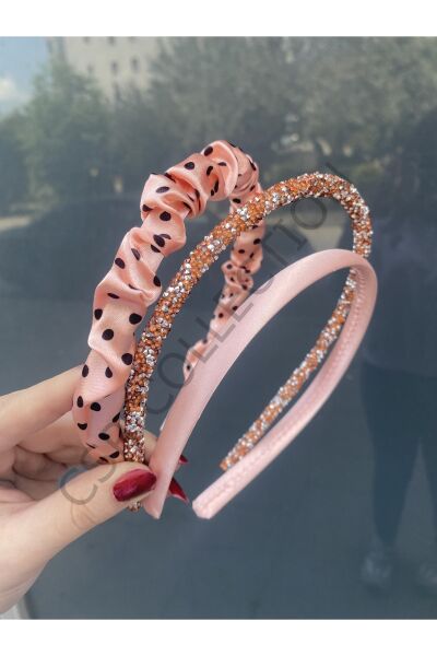 Saten Incili Taşlı Taç Seti soft pembe - Tek Ebat