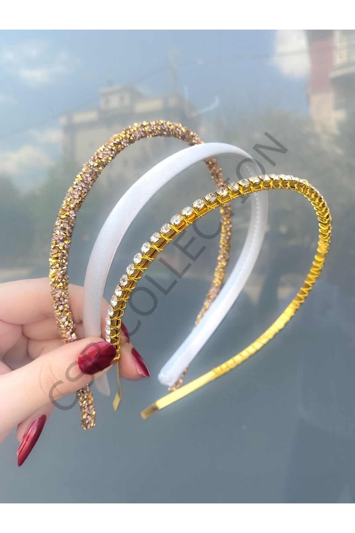 Saten Incili Taşlı Taç Seti gold-beyaz - Tek Ebat