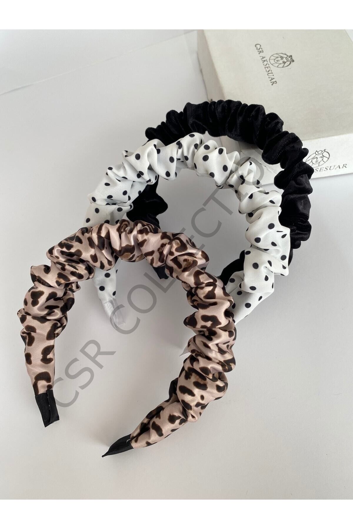 3lü Desenli Büzgülü Kadife-saten Taç Seti leopar-puant - Tek Ebat