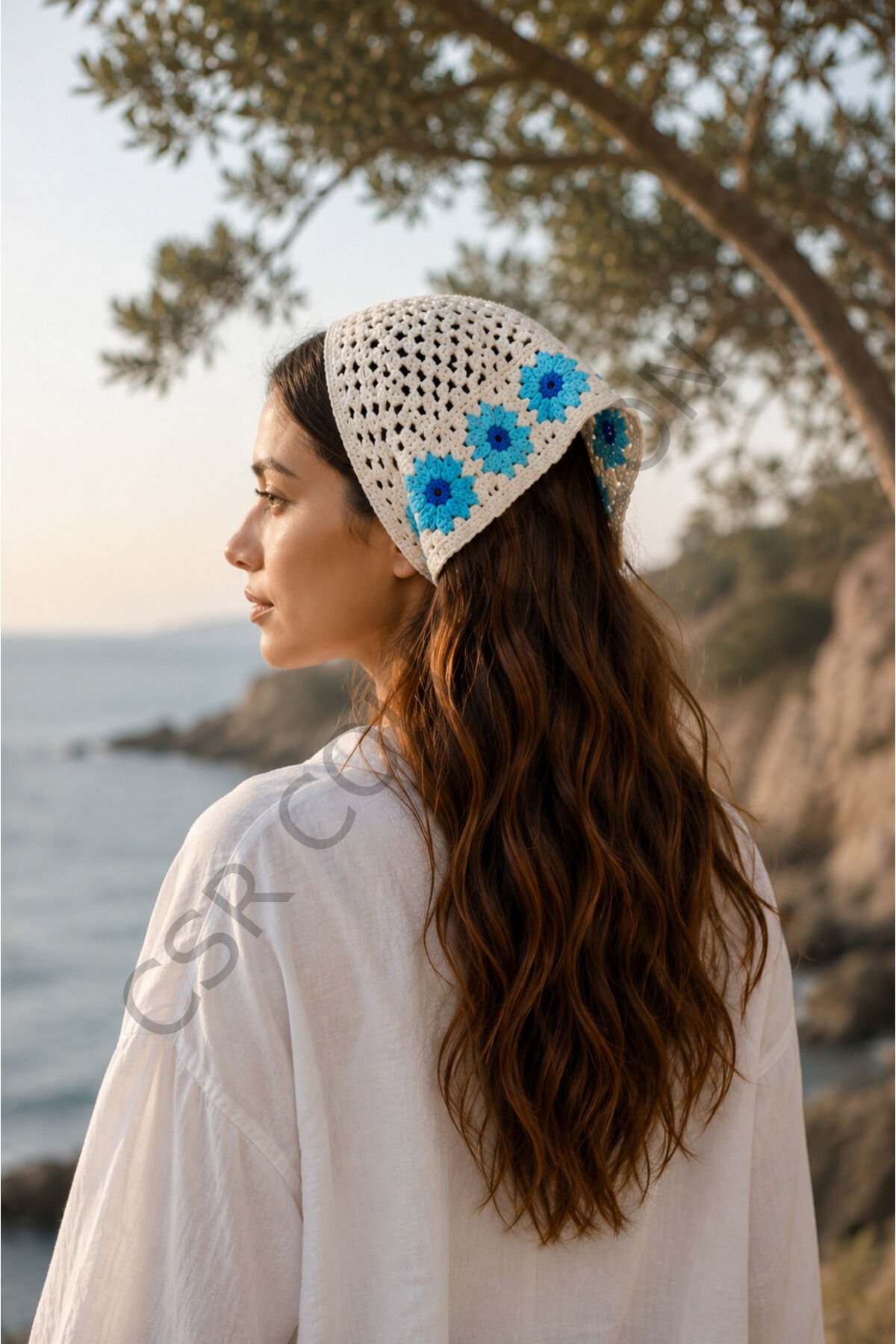 El Yapımı Çiçekli File Örgü Bandana – Çok Amaçlı Bel Şalı / Bohem Crochet / Yazlık Aksesuar (145x35x35) Mavi - Tek Ebat