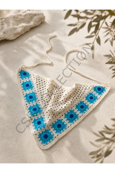 El Yapımı Çiçekli File Örgü Bandana – Çok Amaçlı Bel Şalı / Bohem Crochet / Yazlık Aksesuar (145x35x35) Mavi - Tek Ebat