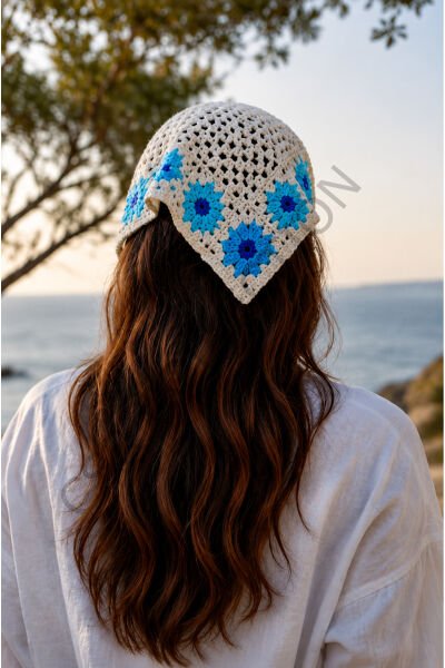 El Yapımı Çiçekli File Örgü Bandana – Çok Amaçlı Bel Şalı / Bohem Crochet / Yazlık Aksesuar (145x35x35) Mavi - Tek Ebat