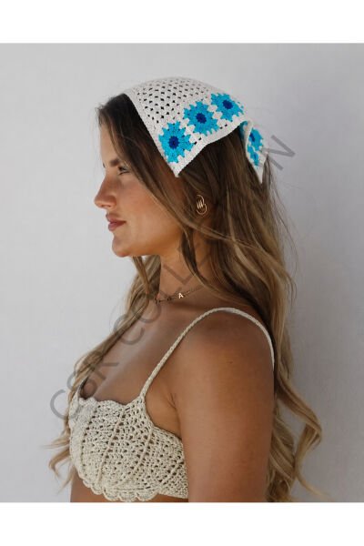 El Yapımı Çiçekli File Örgü Bandana – Çok Amaçlı Bel Şalı / Bohem Crochet / Yazlık Aksesuar (145x35x35) Mavi - Tek Ebat