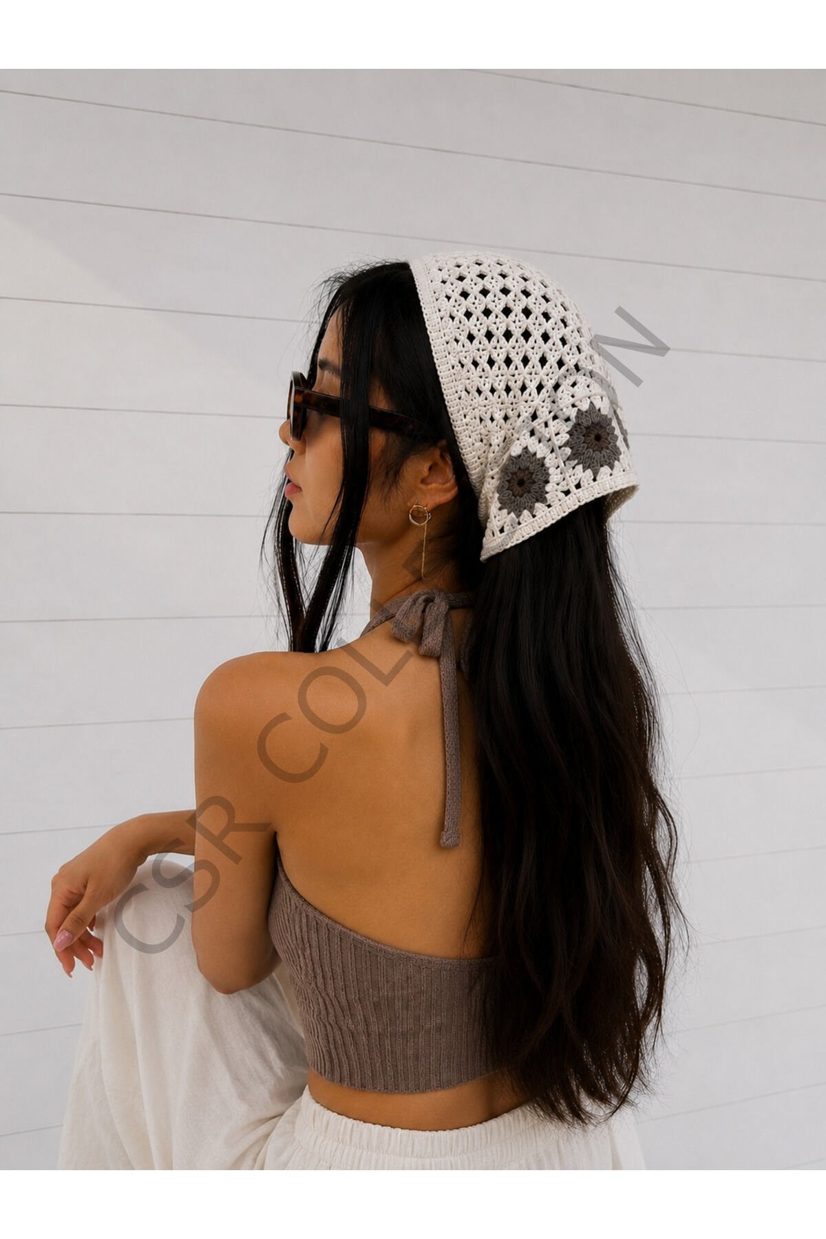 El Yapımı Çiçekli File Örgü Bandana – Çok Amaçlı Bel Şalı / Bohem Crochet / Yazlık Aksesuar (145x35x35) Kahverengi - Tek Ebat