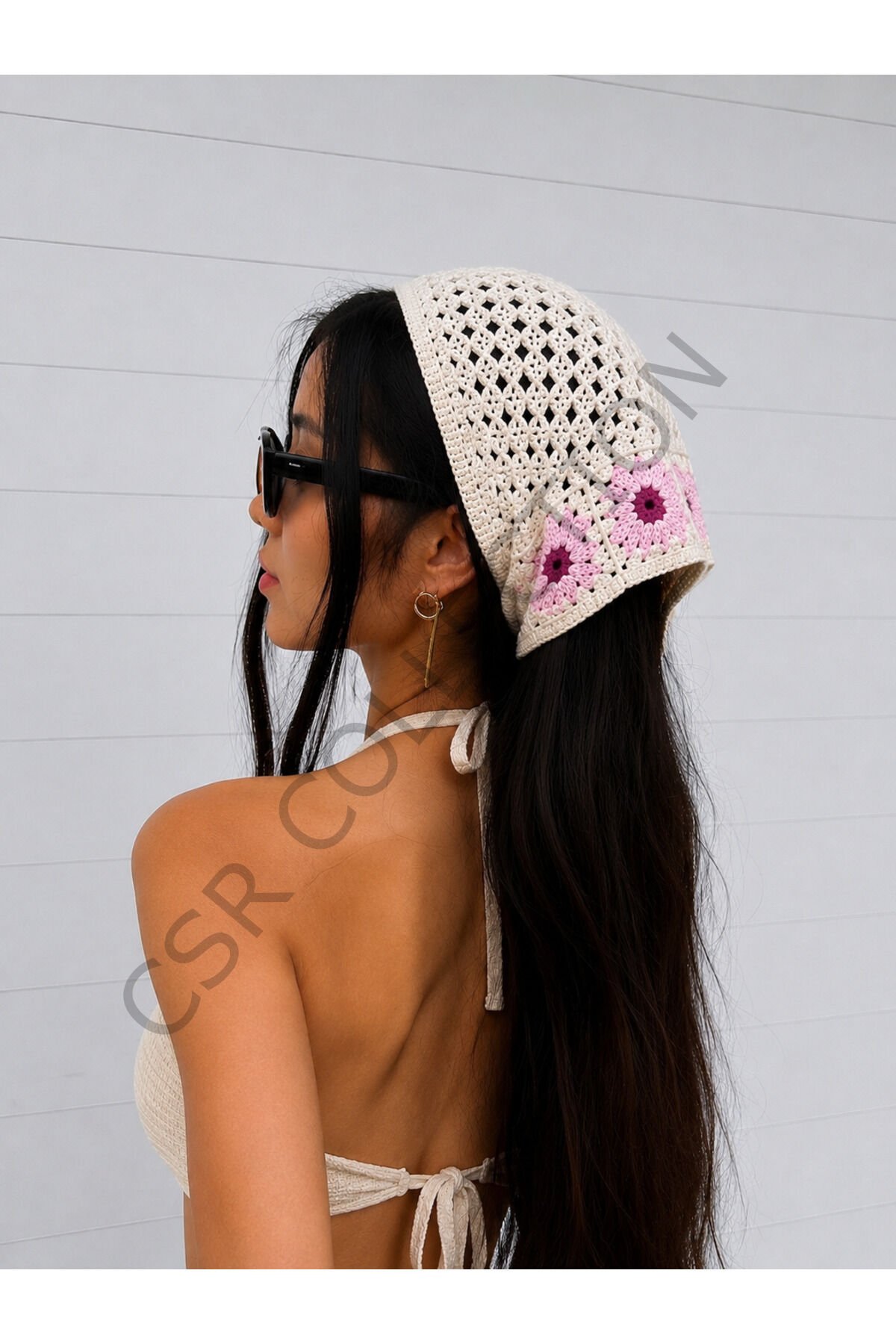 El Yapımı Çiçekli File Örgü Bandana – Çok Amaçlı Bel Şalı / Bohem Crochet / Yazlık Aksesuar (145x35x35) Pembe - Tek Ebat