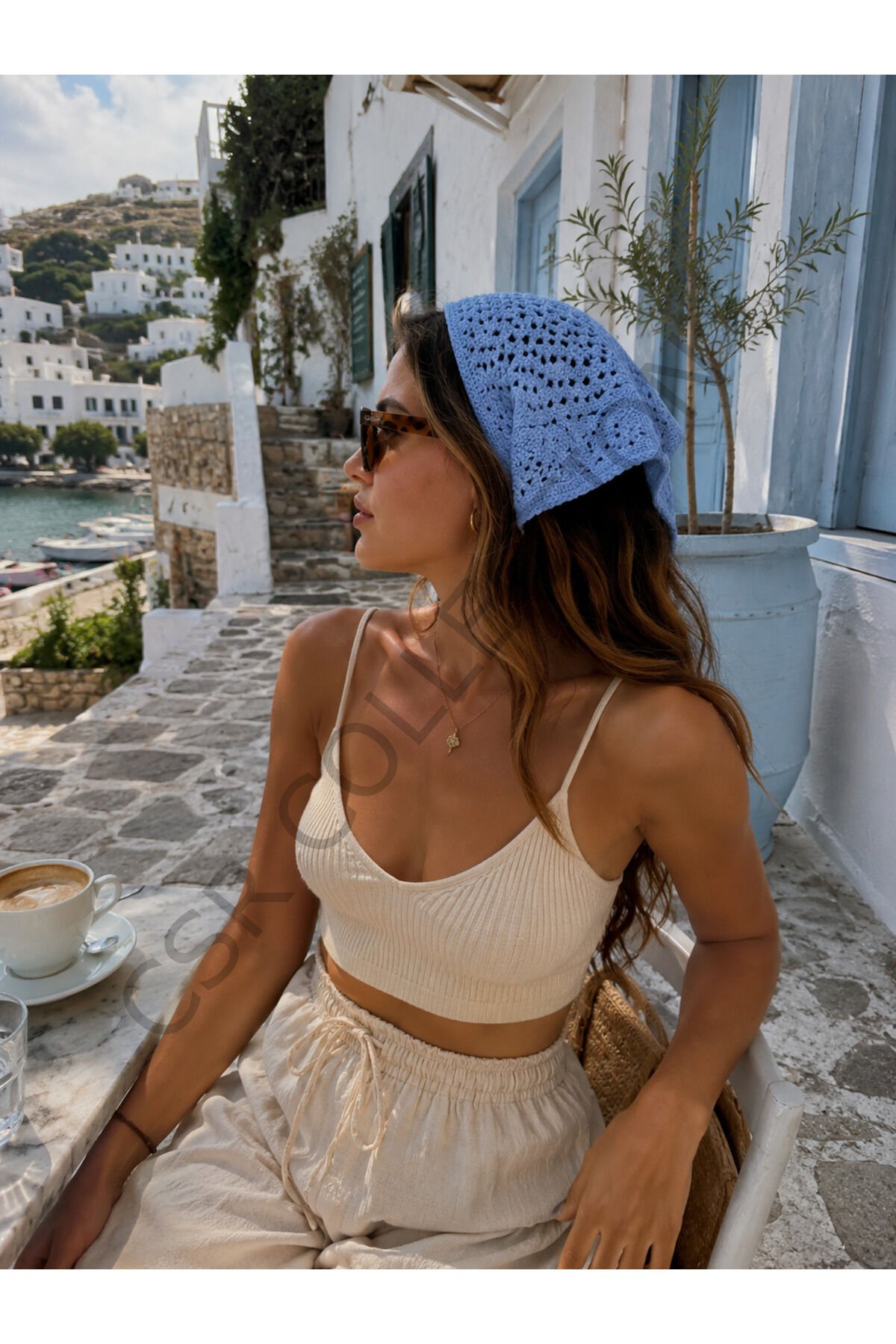 El Yapımı File Örgü Bandana – Çok Amaçlı Bel Şalı / Bohem Crochet / Yazlık Aksesuar (145x35x35) Mavi - Tek Ebat