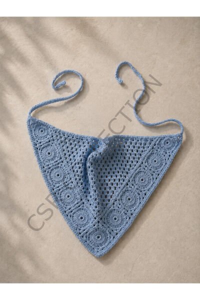 El Yapımı File Örgü Bandana – Çok Amaçlı Bel Şalı / Bohem Crochet / Yazlık Aksesuar (145x35x35) Mavi - Tek Ebat