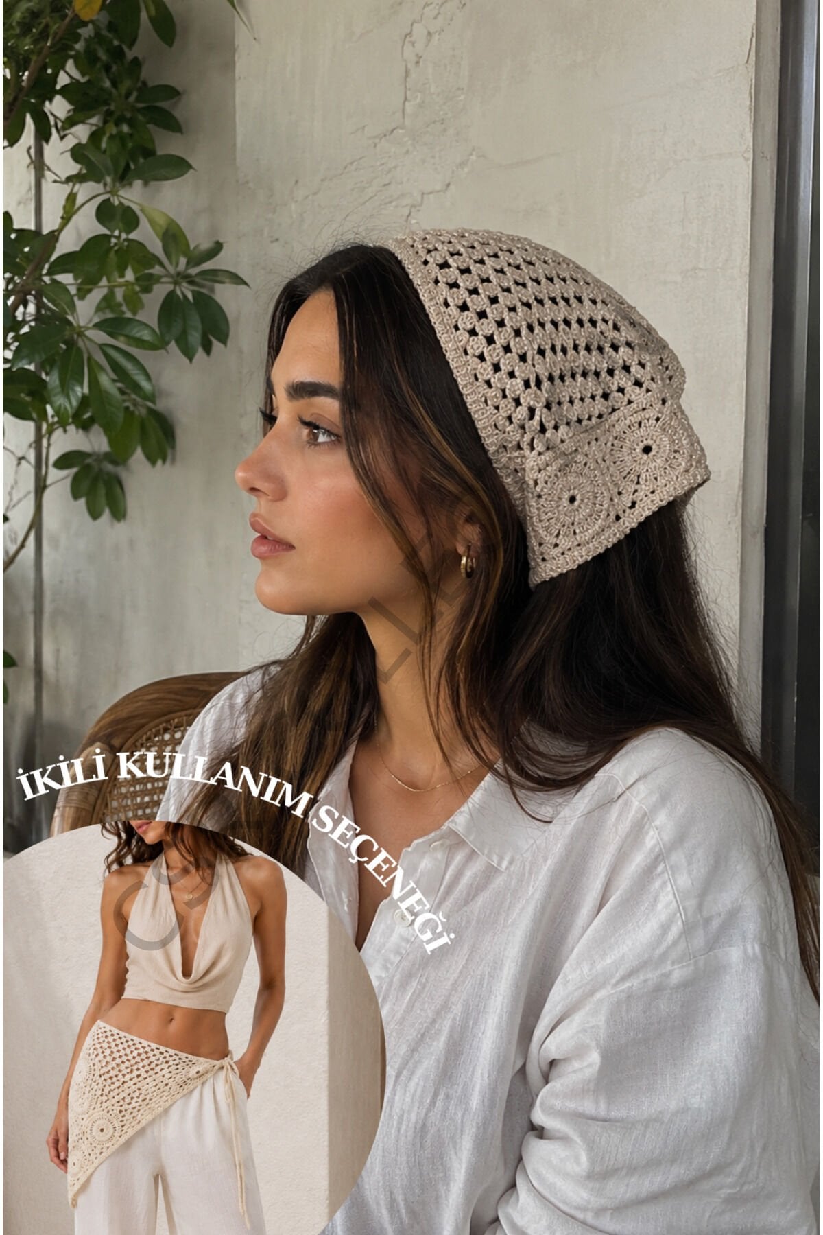 El Yapımı File Örgü Bandana – Çok Amaçlı Bel Şalı / Bohem Crochet / Yazlık Aksesuar (145x35x35) Bej - Tek Ebat