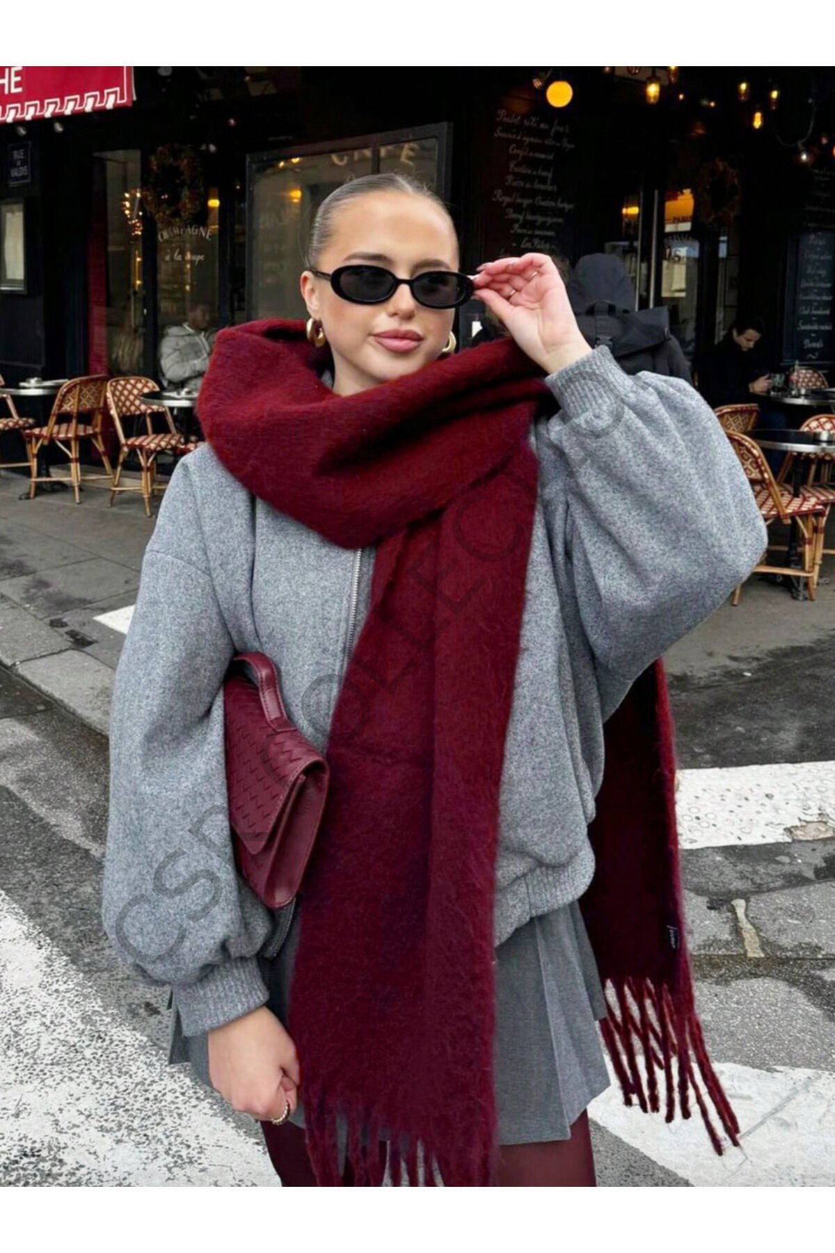Puffy Ekru Atkı Şal Omuz Şalı Bordo - 210 cm