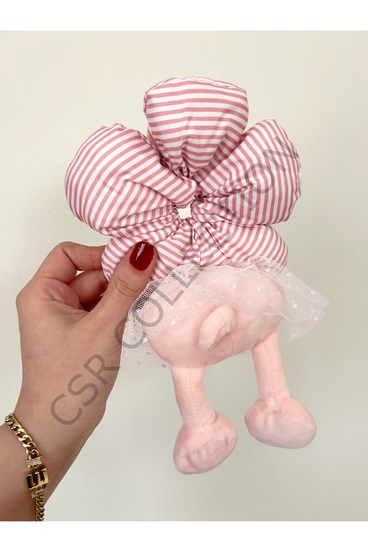 Peluş figürlü papatya puf toka Pembe çizgili
