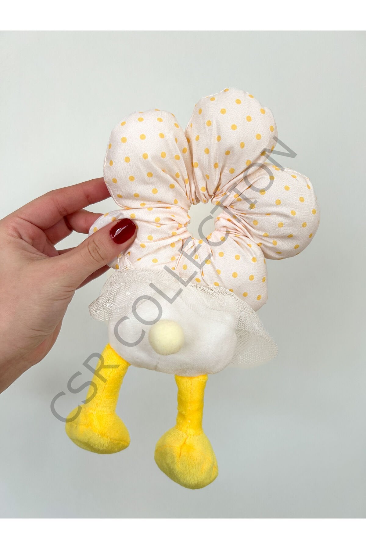 Peluş figürlü papatya puf toka Sarı puantiyeli