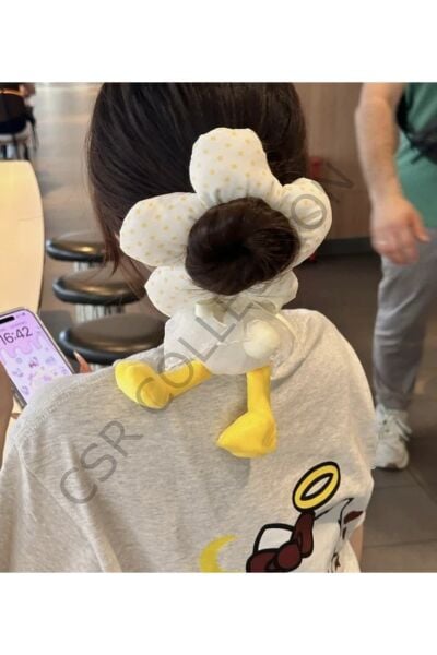 Peluş figürlü papatya puf toka Sarı puantiyeli