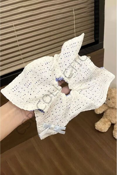 Çift taraflı Fiyonk detaylı İşleme Krem Saç Tokası ekose çift taraflı