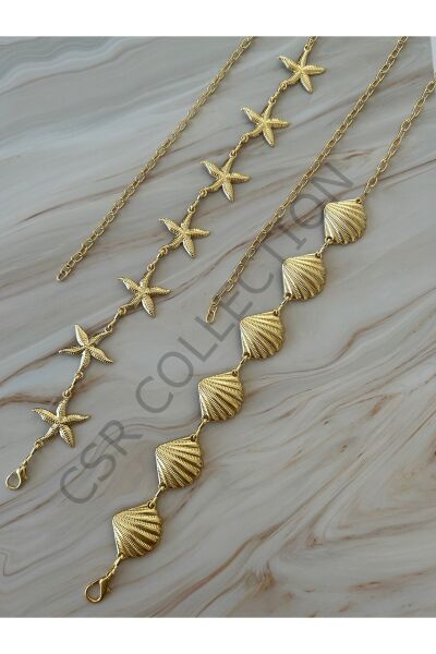 Yıldız-Midye figürlü 2 Adet Vücut & Bel & Elbise & Pantolon & Etek Zincir Kemer Seti gold - 110 CM