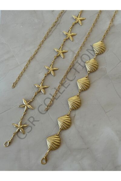 Yıldız-Midye figürlü 2 Adet Vücut & Bel & Elbise & Pantolon & Etek Zincir Kemer Seti gold - 110 CM