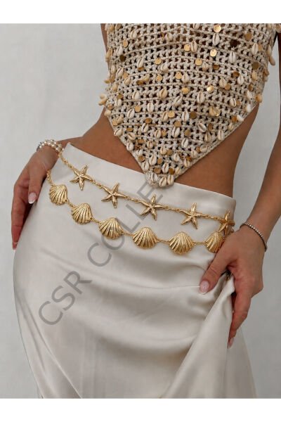 Yıldız-Midye figürlü 2 Adet Vücut & Bel & Elbise & Pantolon & Etek Zincir Kemer Seti gold - 110 CM