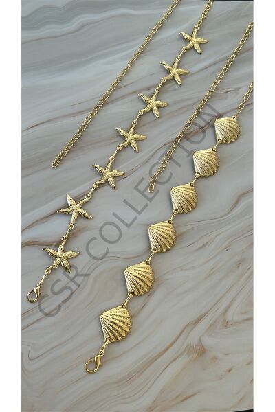 Yıldız-Midye figürlü 2 Adet Vücut & Bel & Elbise & Pantolon & Etek Zincir Kemer Seti gold - 110 CM