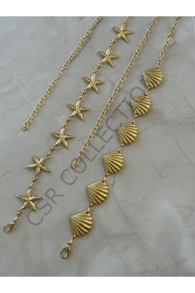 Yıldız-Midye figürlü 2 Adet Vücut & Bel & Elbise & Pantolon & Etek Zincir Kemer Seti gold - 110 CM