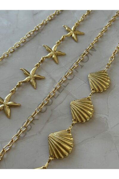 Yıldız-Midye figürlü 2 Adet Vücut & Bel & Elbise & Pantolon & Etek Zincir Kemer Seti gold - 110 CM