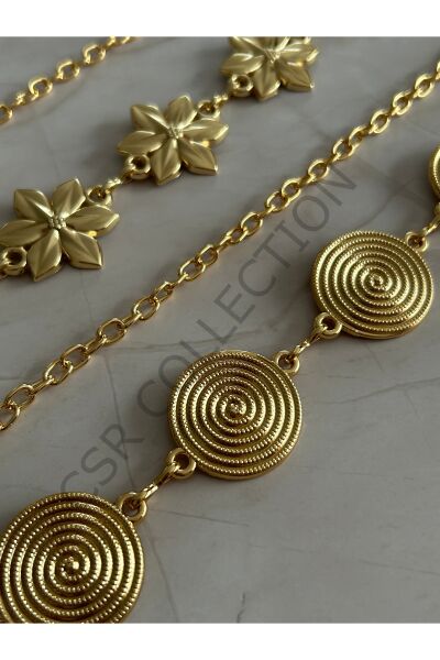 Çiçek - Plaka figürlü 2 Adet Vücut & Bel & Elbise & Pantolon & Etek Zincir Kemer Seti Gold çiçek ve plaka - 110 CM