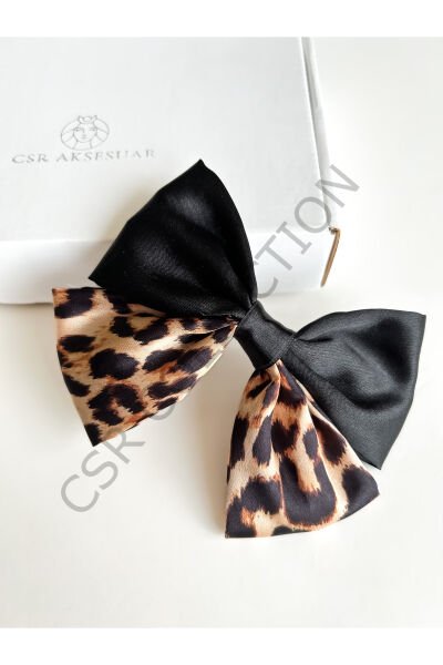 saten leopar otomatik fiyonk toka BEJ LEOPAR