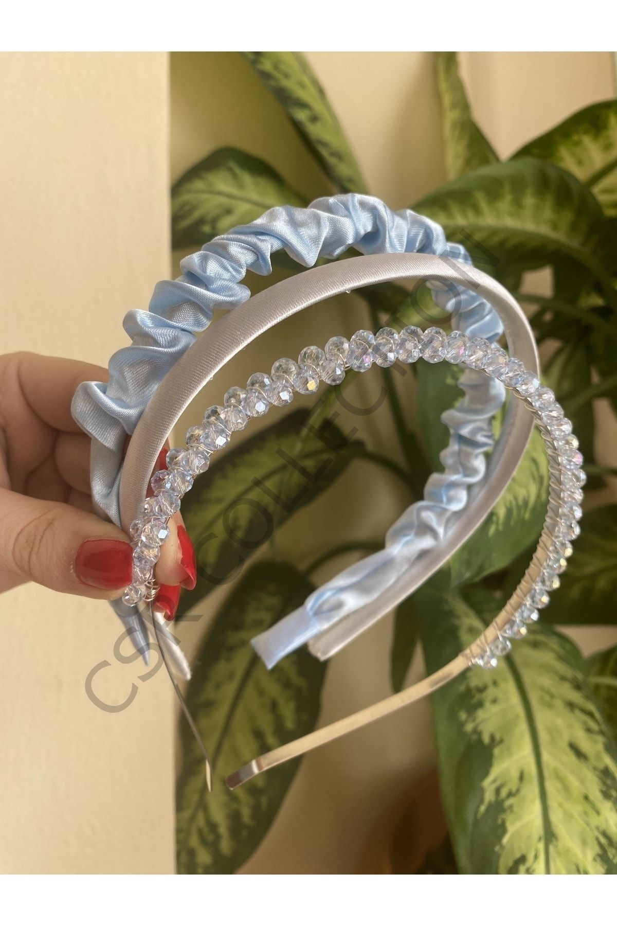 3lü saten ve kristal taşlı taç seti
