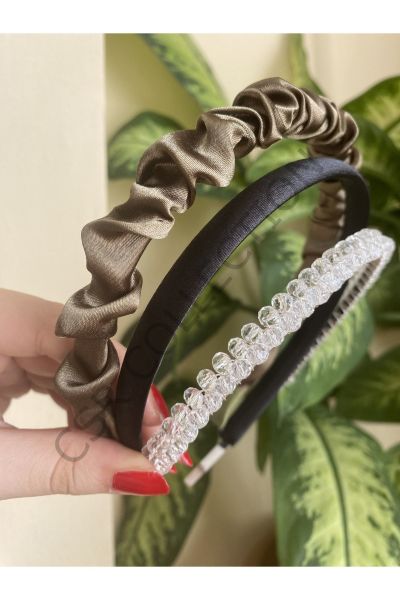 3lü saten ve kristal taşlı taç seti