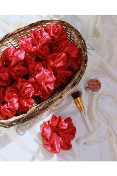Kına Nişan Düğün -lastikli Simit Kırmızı Saten 20 Li Scrunchie Saç Toka Seti Nedime Hediyesi Toka