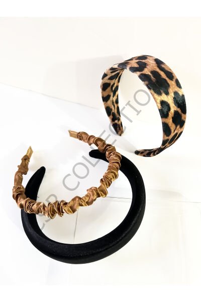 3lü leopar kadife ve saten taç seti taba