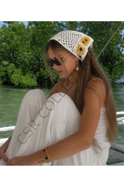 El Yapımı Çiçekli File Örgü Bandana – Çok Amaçlı Bel Şalı / Bohem Crochet / Yazlık Aksesuar (145x35x35)