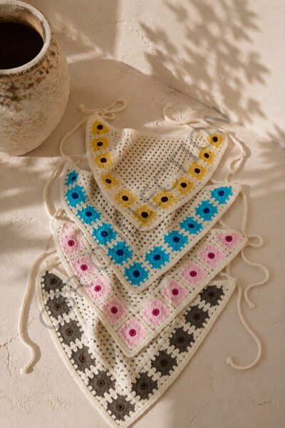 El Yapımı Çiçekli File Örgü Bandana – Çok Amaçlı Bel Şalı / Bohem Crochet / Yazlık Aksesuar (145x35x35)