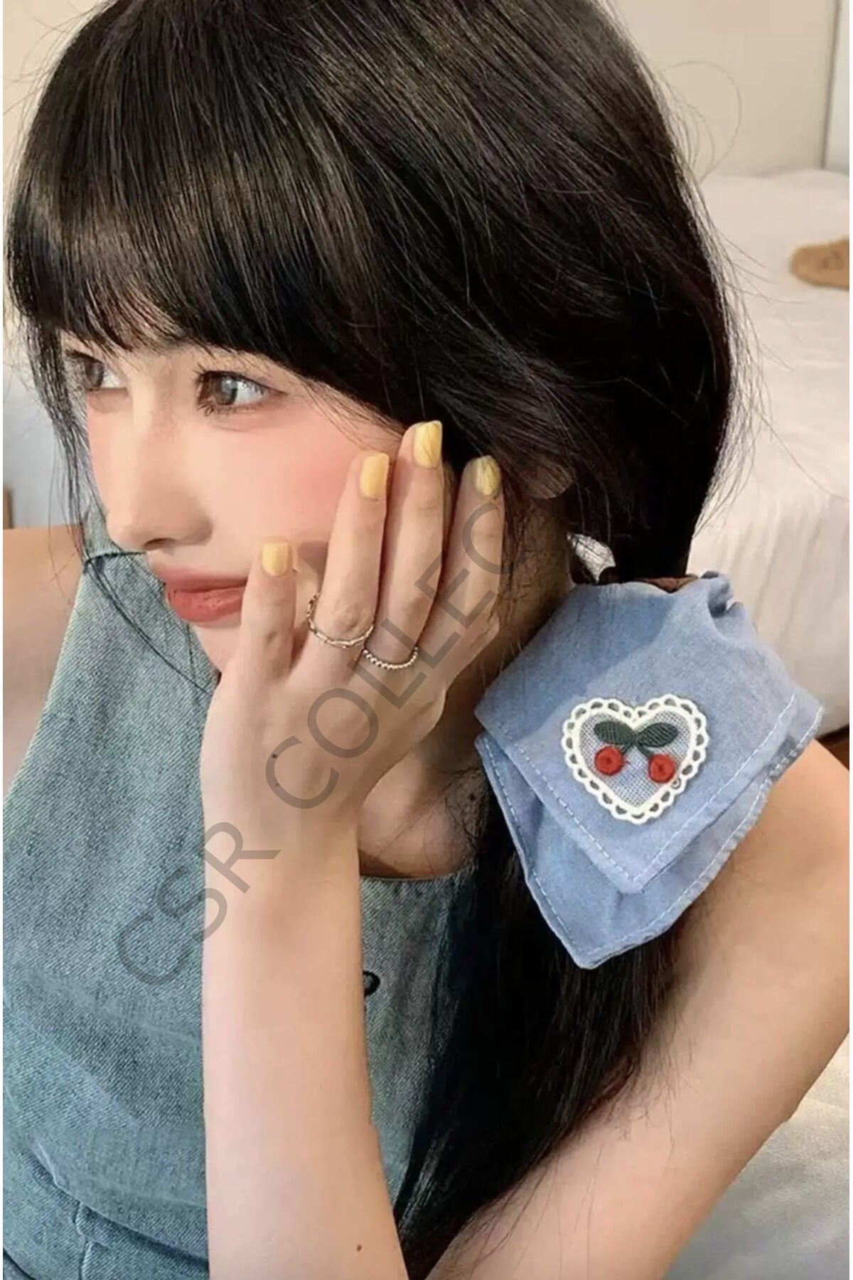 Kiraz Figür İşleme Denim Saç Tokası