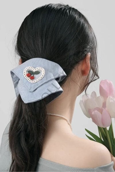 Kiraz Figür İşleme Denim Saç Tokası