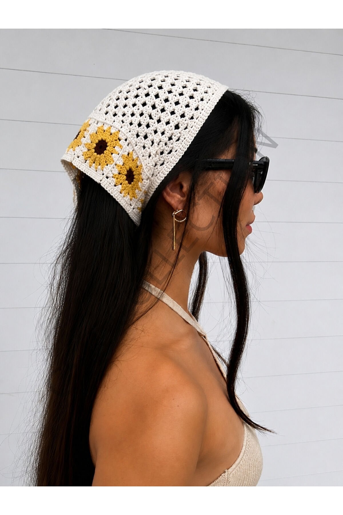 El Yapımı Çiçekli File Örgü Bandana – Çok Amaçlı Bel Şalı / Bohem Crochet / Yazlık Aksesuar (145x35x35)