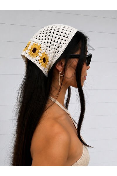 El Yapımı Çiçekli File Örgü Bandana – Çok Amaçlı Bel Şalı / Bohem Crochet / Yazlık Aksesuar (145x35x35)