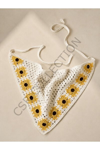 El Yapımı Çiçekli File Örgü Bandana – Çok Amaçlı Bel Şalı / Bohem Crochet / Yazlık Aksesuar (145x35x35)