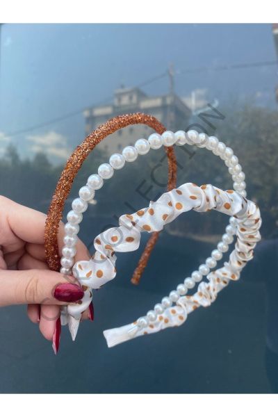 Saten Incili Taşlı Taç Seti