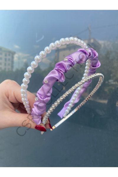 Saten Incili Taşlı Taç Seti