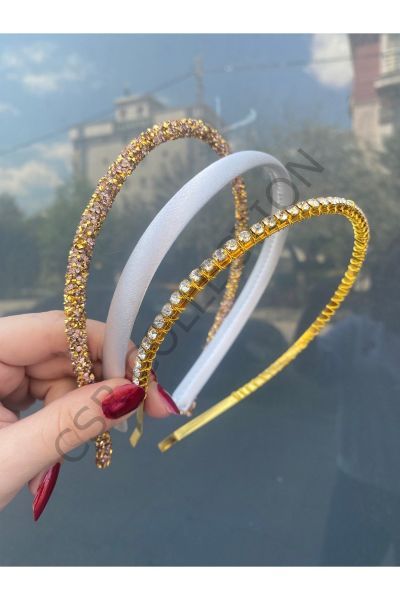 Saten Incili Taşlı Taç Seti