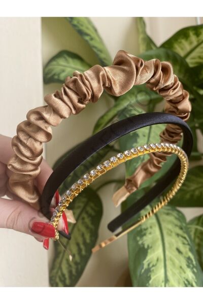 3lü saten ve kristal taşlı taç seti taba - Tek Ebat