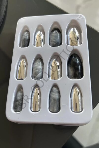 12'li Gri Renk Mermer Desenli Ve Hologramlı Takma Tırnak (Yapıştırıcılı)