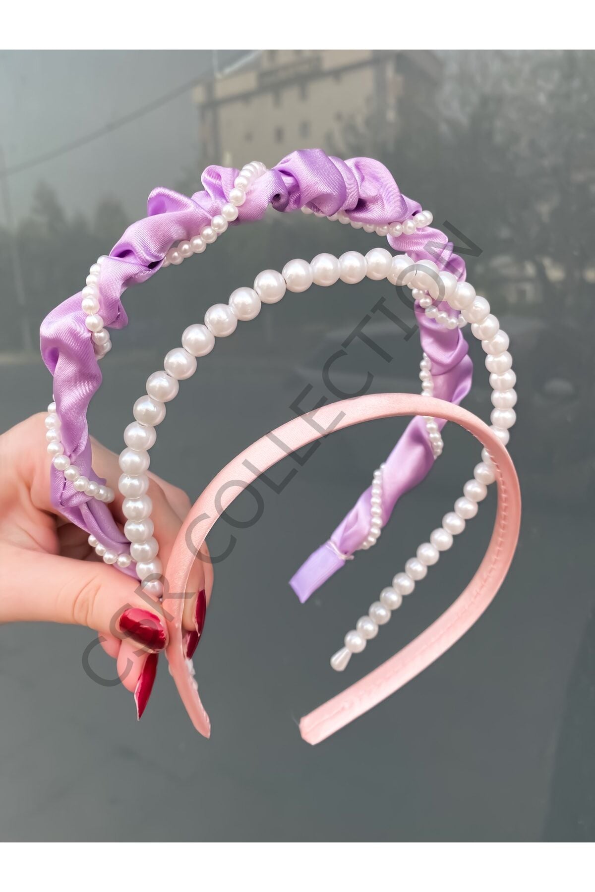3lü Saten Incili Taşlı Taç Seti lila-inci-pembe - Tek Ebat