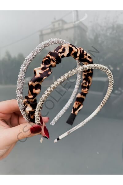 3lü Saten Incili Taşlı Taç Seti leopar-zirkon - Tek Ebat